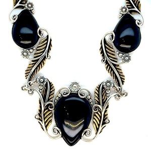 Brass, Silver, and Onyx Floral Necklace with Adjustable Chain